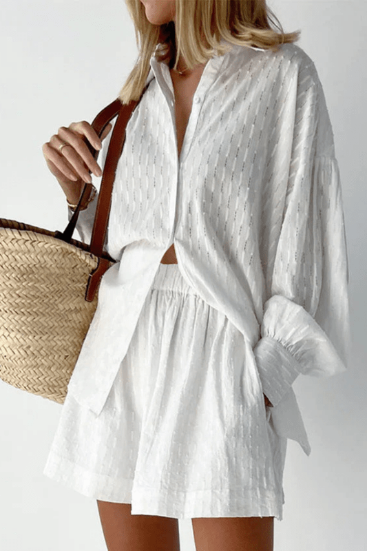 Women's Cotton Broderie Summer Two Piece Set | Relaxed Oversized Shirt and Shorts - Velshara store