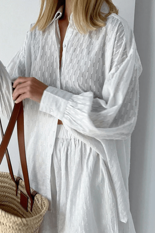 Women's Cotton Broderie Summer Two Piece Set | Relaxed Oversized Shirt and Shorts - Velshara store