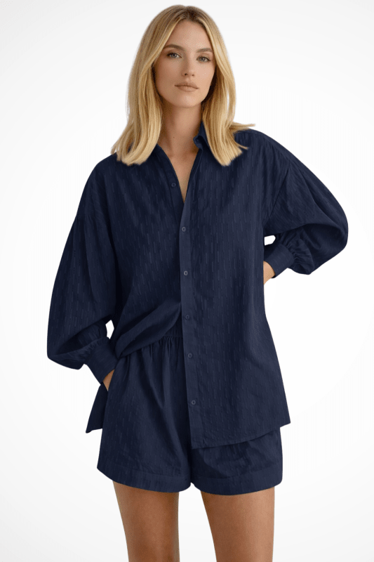 Women's Cotton Broderie Summer Two Piece Set | Relaxed Oversized Shirt and Shorts - Velshara store
