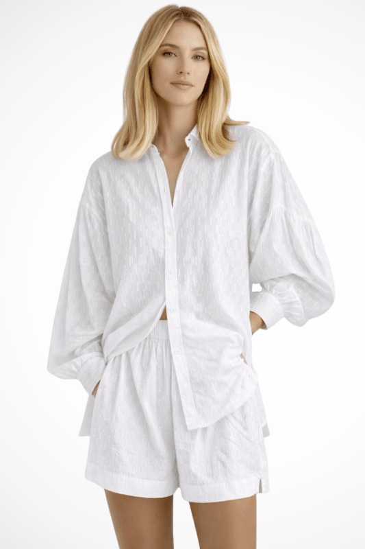 Women's Cotton Broderie Summer Two Piece Set | Relaxed Oversized Shirt and Shorts - Velshara store
