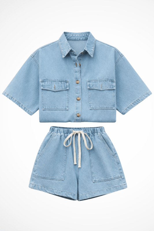 Women's Cotton Denim Shirt and Drawstring Shorts Set | Relaxed Casual Summer Outfit - Velshara store