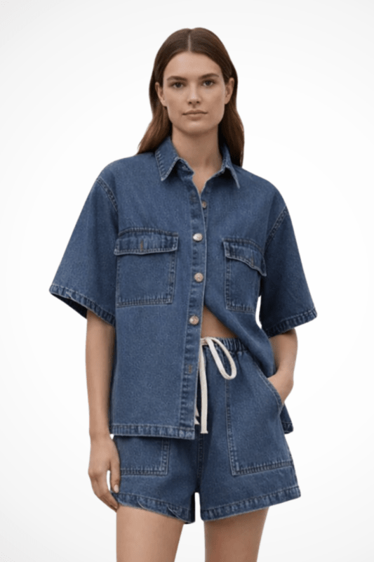 Women's Cotton Denim Shirt and Drawstring Shorts Set | Relaxed Casual Summer Outfit - Velshara store