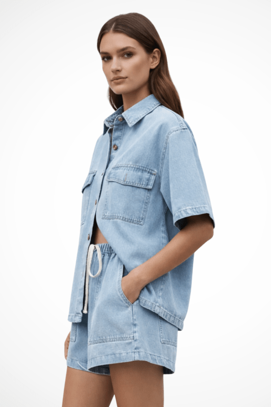 Women's Cotton Denim Shirt and Drawstring Shorts Set | Relaxed Casual Summer Outfit - Velshara store