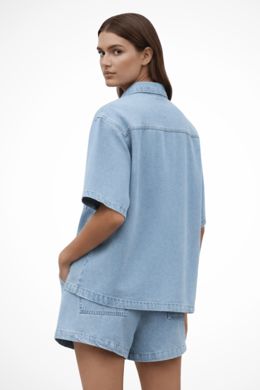 Women's Cotton Denim Shirt and Drawstring Shorts Set | Relaxed Casual Summer Outfit - Velshara store