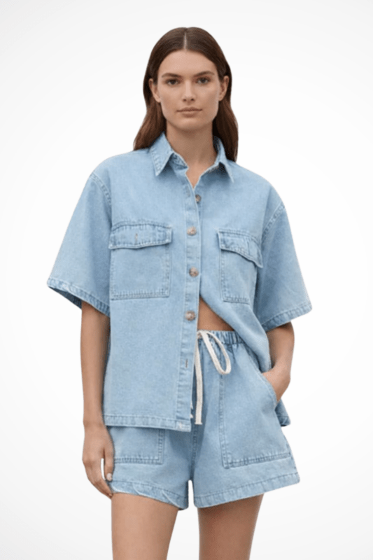 Women's Cotton Denim Shirt and Drawstring Shorts Set | Relaxed Casual Summer Outfit - Velshara store