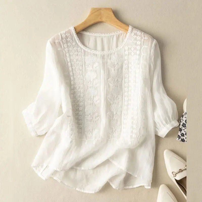 Women's Cotton Floral Embroidered Blouse | Relaxed Fit Long Sleeve Summer Top - Velshara store