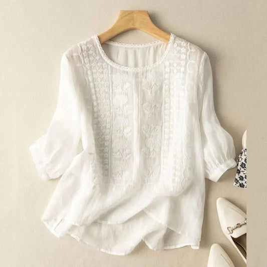 Women's Cotton Floral Embroidered Blouse | Relaxed Fit Long Sleeve Summer Top - Velshara store