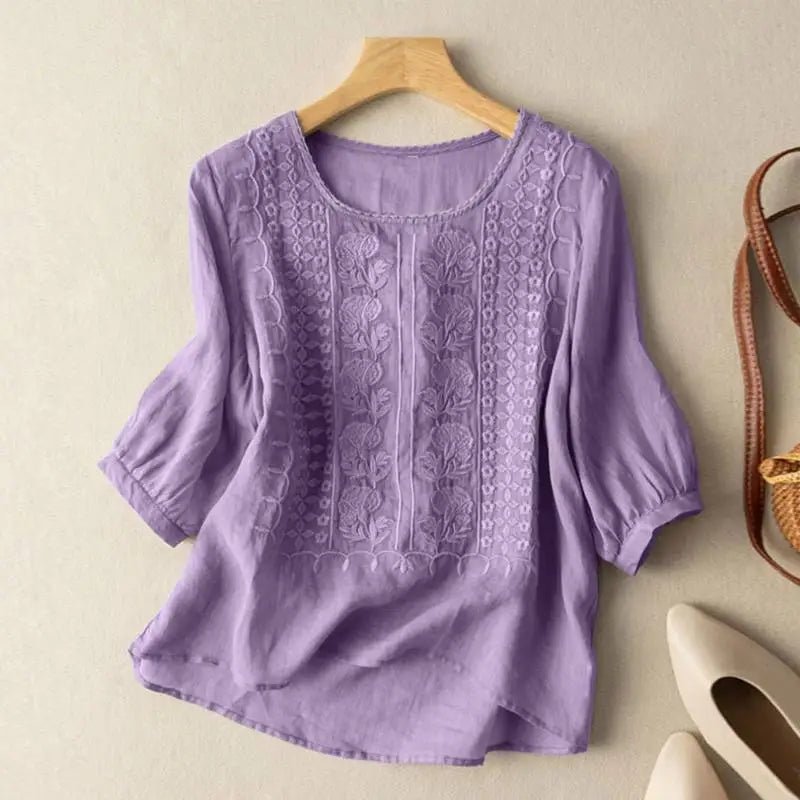 Women's Cotton Floral Embroidered Blouse | Relaxed Fit Long Sleeve Summer Top - Velshara store