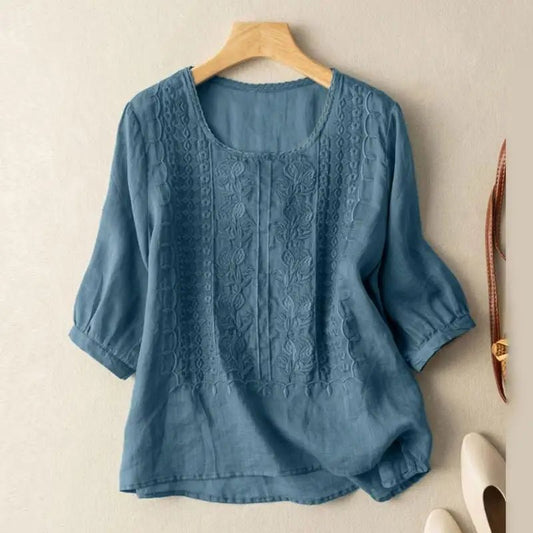 Women's Cotton Floral Embroidered Blouse | Relaxed Fit Long Sleeve Summer Top - Velshara store
