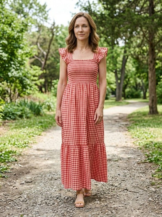 Women's Cotton Gingham Maxi Dress | Elegant Flowing Summer Style - Velshara store