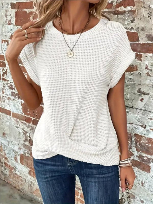 Women's Cotton Textured Waffle Knit Tee | Relaxed Fit Casual Top - Velshara store