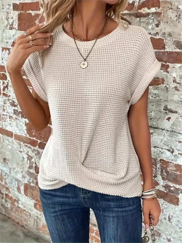 Women's Cotton Textured Waffle Knit Tee | Relaxed Fit Casual Top - Velshara store