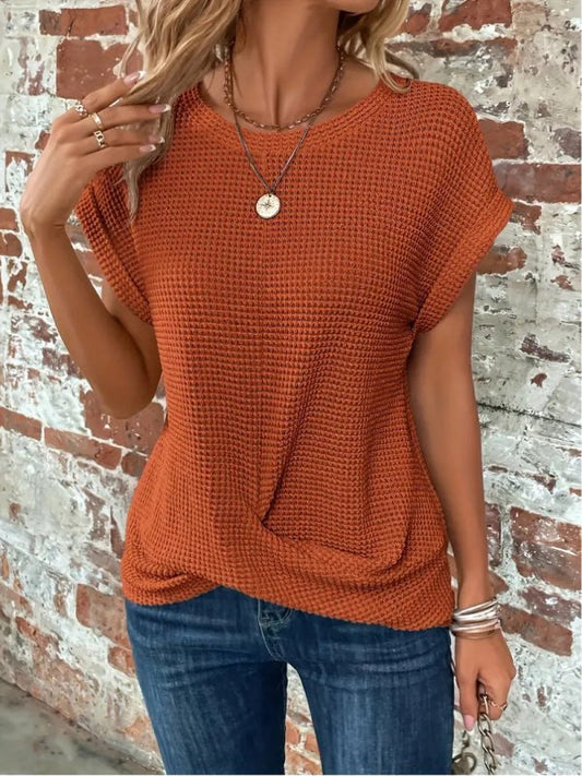 Women's Cotton Textured Waffle Knit Tee | Relaxed Fit Casual Top - Velshara store