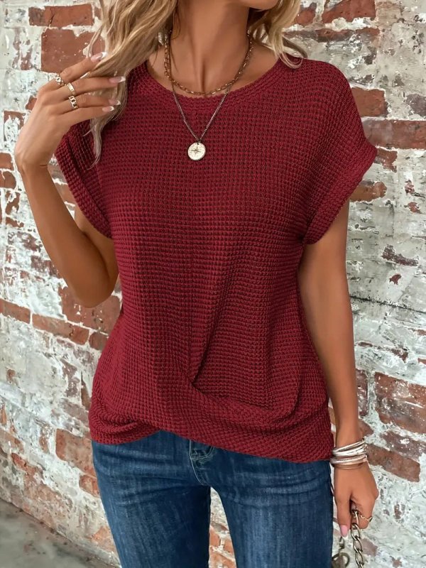 Women's Cotton Textured Waffle Knit Tee | Relaxed Fit Casual Top - Velshara store