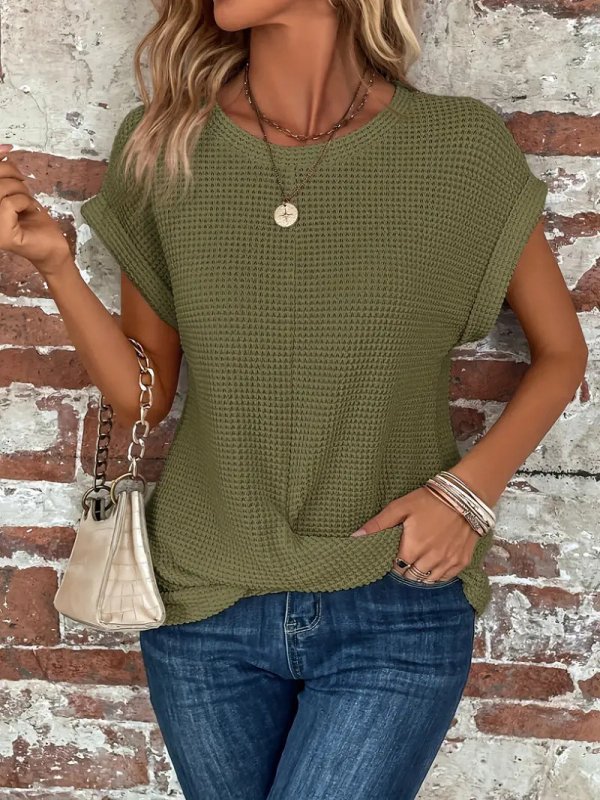 Women's Cotton Textured Waffle Knit Tee | Relaxed Fit Casual Top - Velshara store