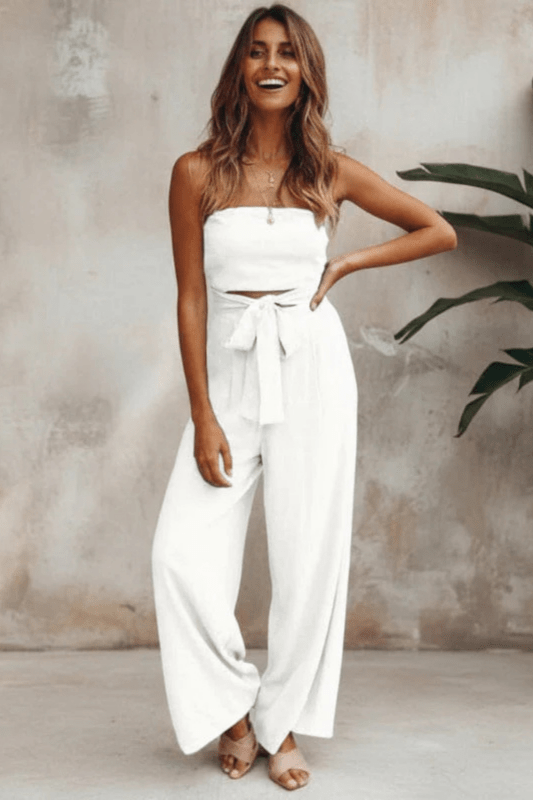 Women's Cotton Two Piece Set | Structured Bandeau Top and Relaxed Wide Leg Trousers - Velshara store