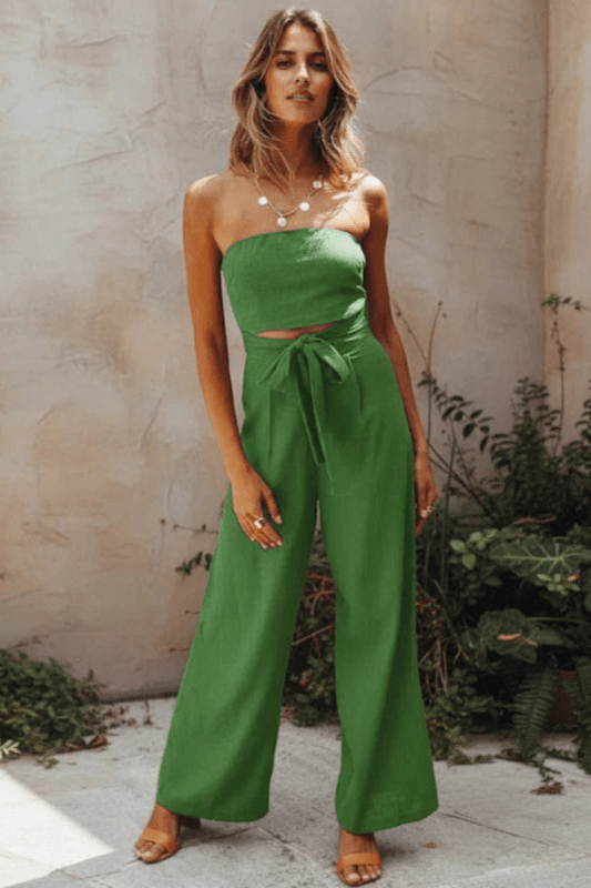 Women's Cotton Two Piece Set | Structured Bandeau Top and Relaxed Wide Leg Trousers - Velshara store