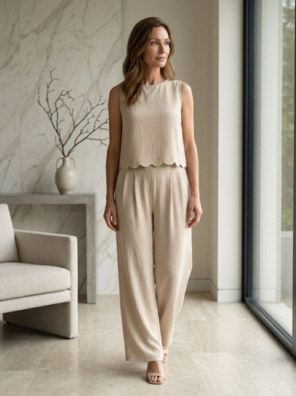 Women's Crinkle Fabric Co - Ord Set | Relaxed Sleeveless Top and Wide - Leg Trousers - Velshara store