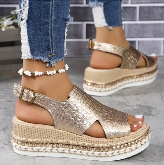 Women's Crocodile Embossed Sandals | Glossy Wedge Design for Elegant Comfort - Velshara store