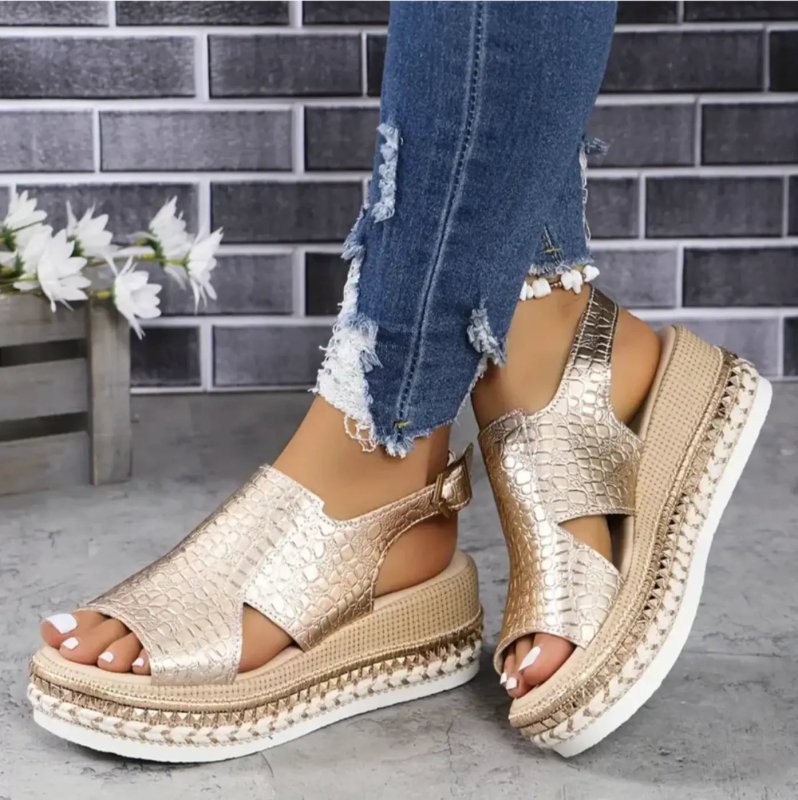 Women's Crocodile Embossed Sandals | Glossy Wedge Design for Elegant Comfort - Velshara store