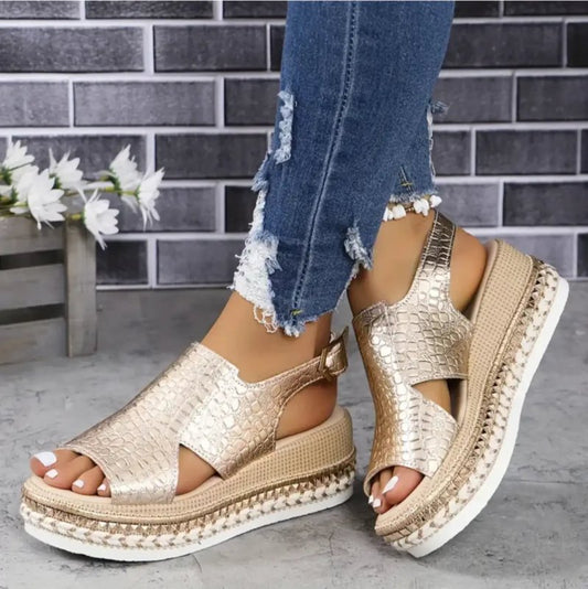 Women's Crocodile Embossed Sandals | Glossy Wedge Design for Elegant Comfort - Velshara store