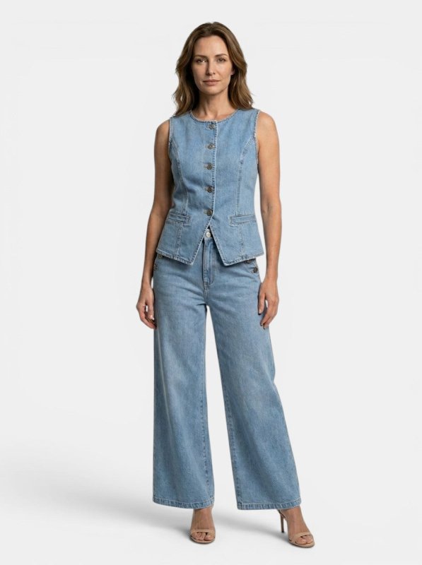 Women's Denim Co Ord Set | Tailored Waistcoat and Wide - Leg Trousers - Velshara store