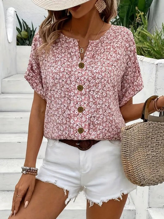 Women's Ditsy Floral Print Blouse | Relaxed Puff Sleeve Summer Top - Velshara store