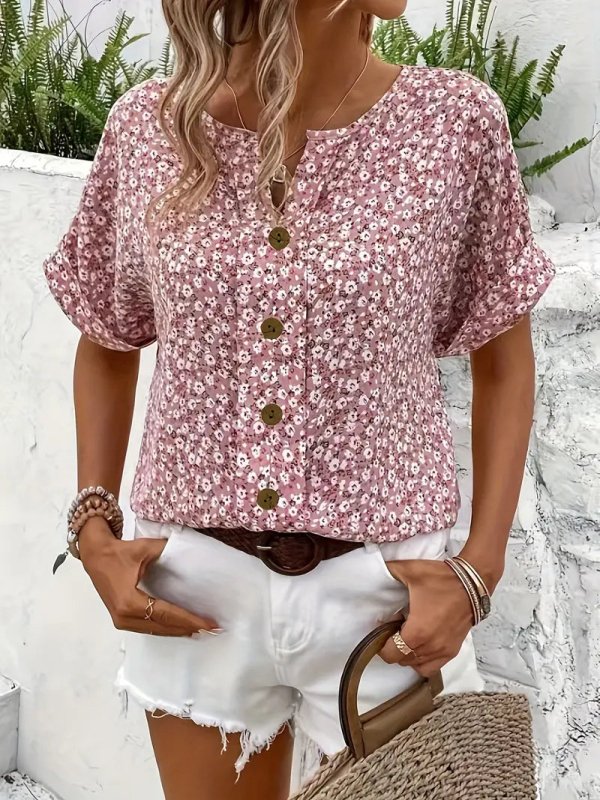 Women's Ditsy Floral Print Blouse | Relaxed Puff Sleeve Summer Top - Velshara store