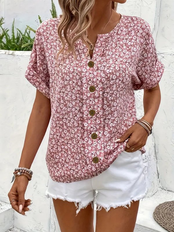 Women's Ditsy Floral Print Blouse | Relaxed Puff Sleeve Summer Top - Velshara store