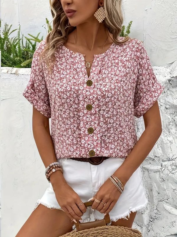 Women's Ditsy Floral Print Blouse | Relaxed Puff Sleeve Summer Top - Velshara store