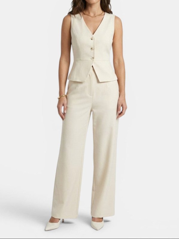 Women's Elegant Cream Wide Leg Trouser Suit | Tailored V - Neck Waistcoat Outfit for Special Occasions - Velshara store