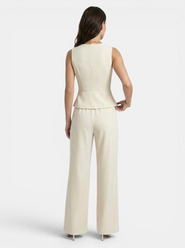 Women's Elegant Cream Wide Leg Trouser Suit | Tailored V - Neck Waistcoat Outfit for Special Occasions - Velshara store