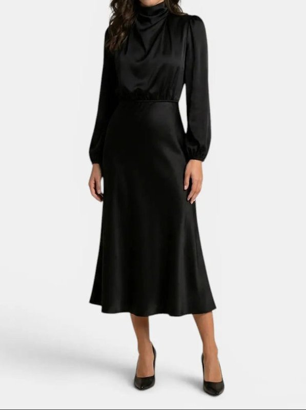 Women's Elegant High Neck Midi Dress | Sophisticated Long Sleeve Cocktail Gown - Velshara store