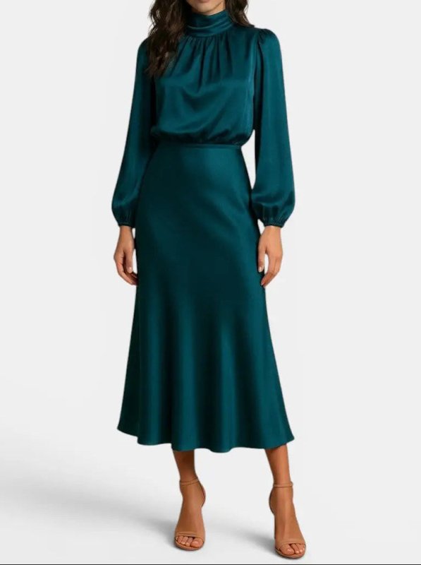 Women's Elegant High Neck Midi Dress | Sophisticated Long Sleeve Cocktail Gown - Velshara store