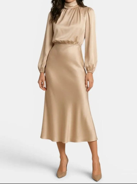 Women's Elegant High Neck Midi Dress | Sophisticated Long Sleeve Cocktail Gown - Velshara store