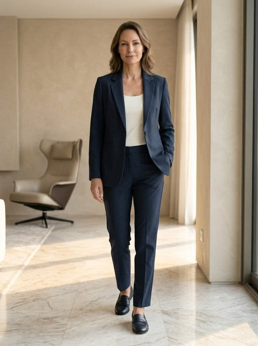 Women's Elegant Navy Blue Suit | Tailored Blazer and Straight - Leg Trousers Set - Velshara store