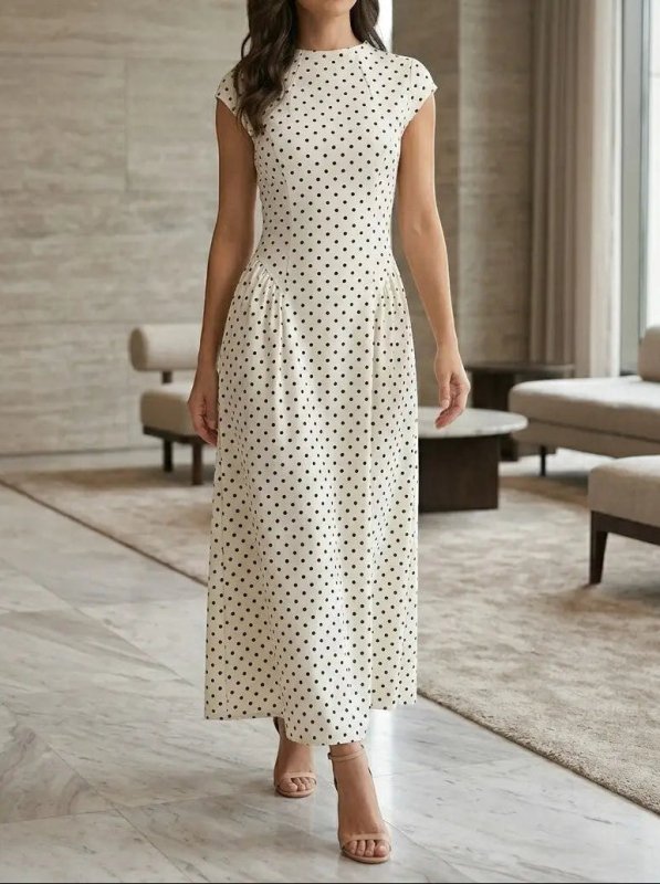 Women's Elegant Polka Dot Maxi Dress | Chic Cap Sleeve A - Line Summer Gown - Velshara store