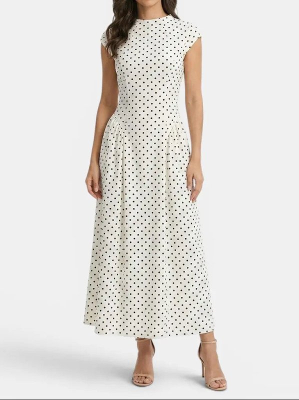 Women's Elegant Polka Dot Maxi Dress | Chic Cap Sleeve A - Line Summer Gown - Velshara store