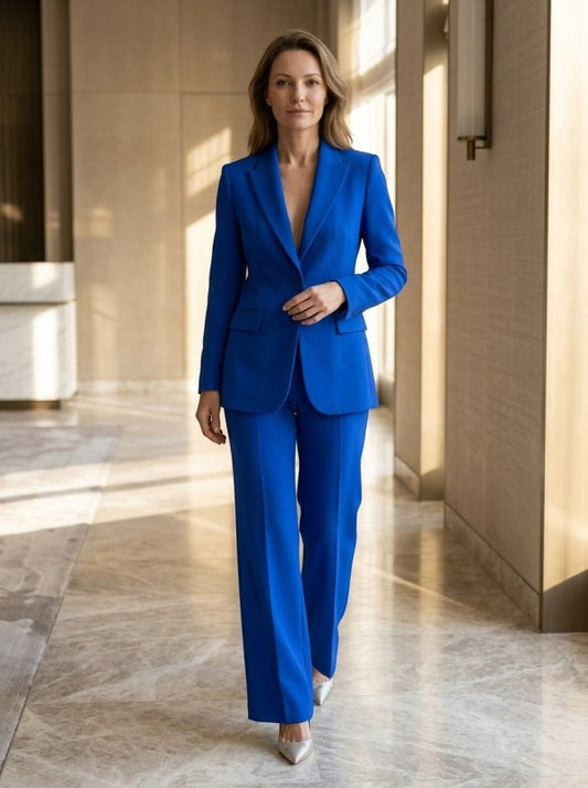 Women's Elegant Tailored Blazer Suit | White Longline Blazer with Wide - Leg Trousers - Velshara store