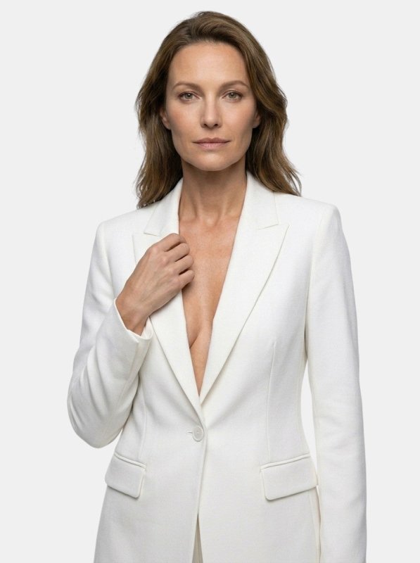 Women's Elegant Tailored Blazer Suit | White Longline Blazer with Wide - Leg Trousers - Velshara store