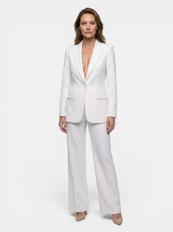 Women's Elegant Tailored Blazer Suit | White Longline Blazer with Wide - Leg Trousers - Velshara store
