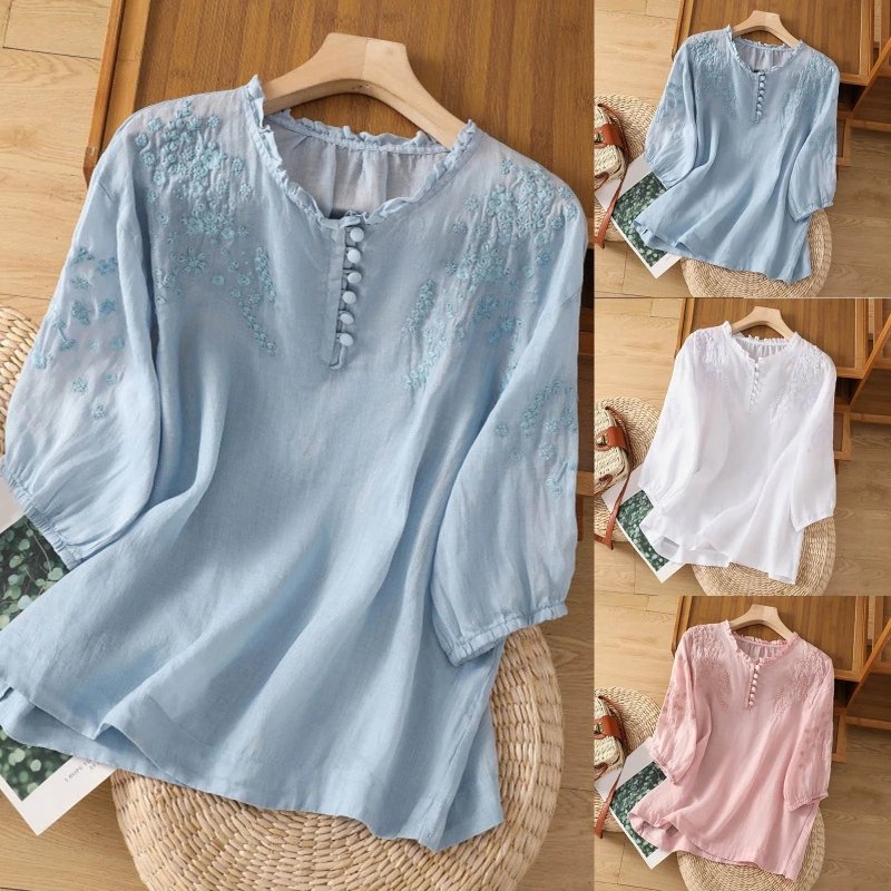 Women's Embroidered Cotton Blouse | Graceful Long Sleeve Summer Top - Velshara store