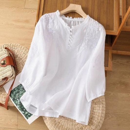 Women's Embroidered Cotton Blouse | Graceful Long Sleeve Summer Top - Velshara store