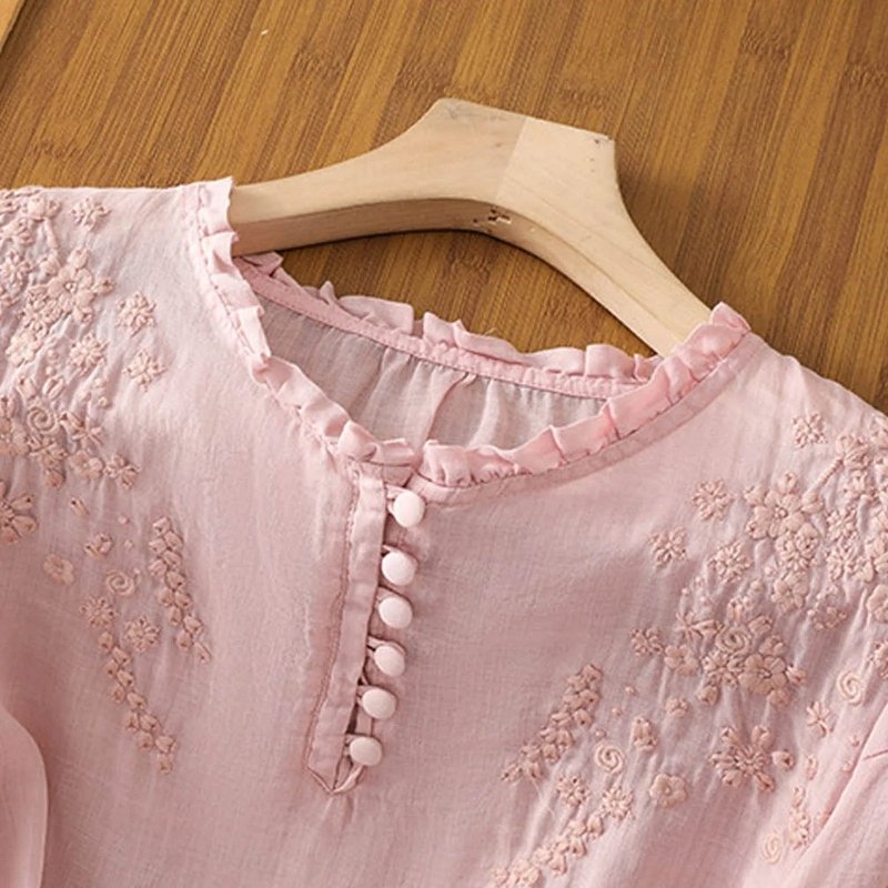 Women's Embroidered Cotton Blouse | Graceful Long Sleeve Summer Top - Velshara store