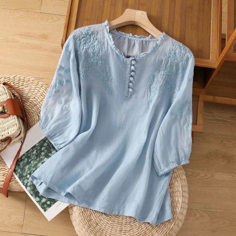 Women's Embroidered Cotton Blouse | Graceful Long Sleeve Summer Top - Velshara store