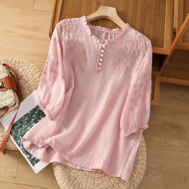 Women's Embroidered Cotton Blouse | Graceful Long Sleeve Summer Top - Velshara store