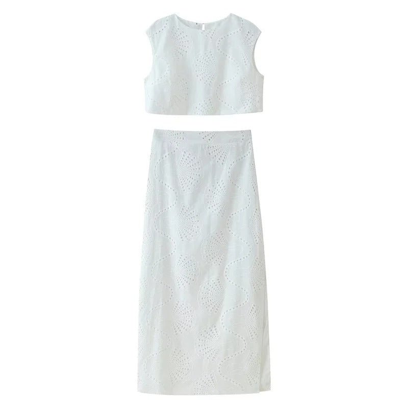 Women’s Embroidered Two Piece Set – Round Neck Jacket & High Waist Slit Skirt - Velshara store