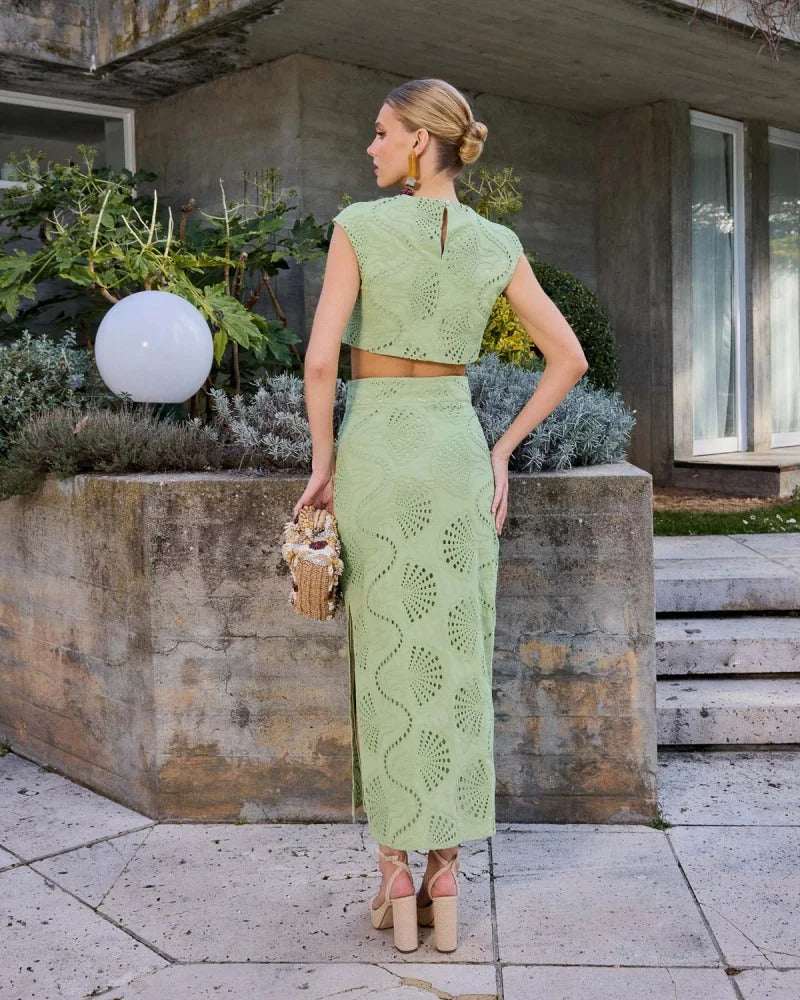 Women’s Embroidered Two Piece Set – Round Neck Jacket & High Waist Slit Skirt - Velshara store