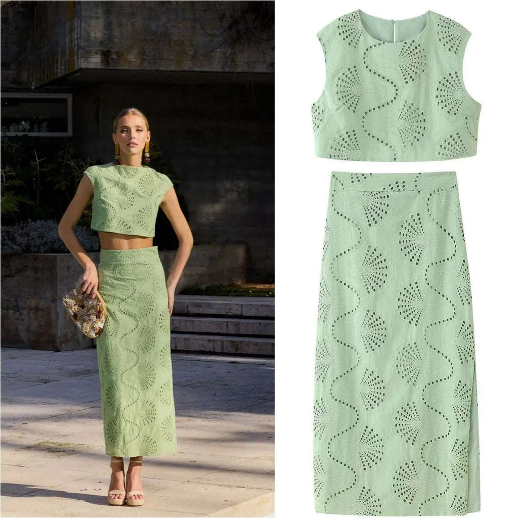 Women’s Embroidered Two Piece Set – Round Neck Jacket & High Waist Slit Skirt - Velshara store