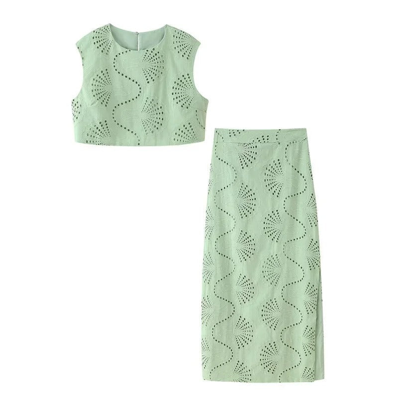 Women’s Embroidered Two Piece Set – Round Neck Jacket & High Waist Slit Skirt - Velshara store